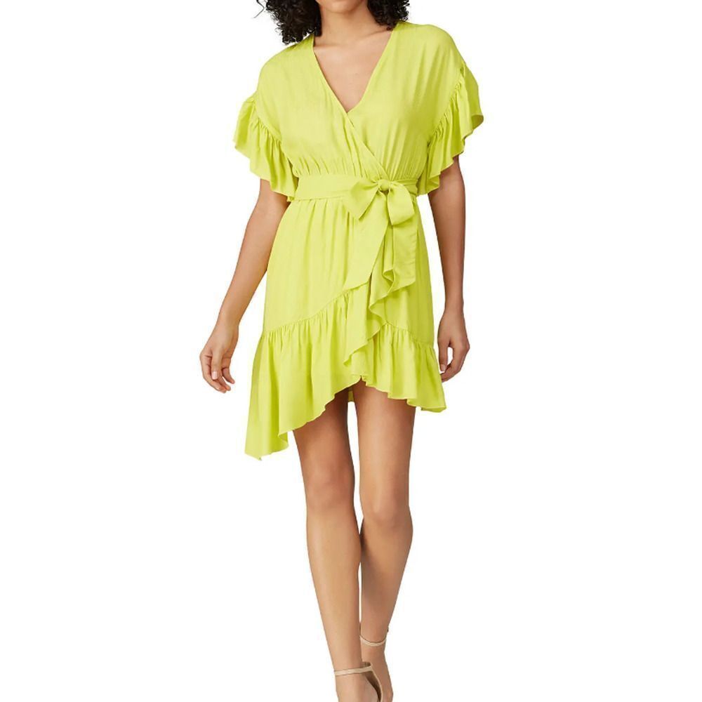 NISSA Ruffled Faux Wrap Dress Women's 6 Yellow Asymmetrical‎ V-Neck RTR